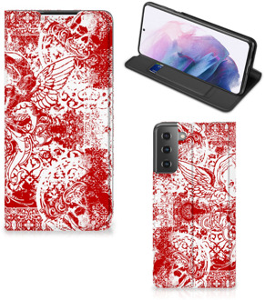 B2Ctelecom Book Style Case Samsung Galaxy S21 Plus Smart Cover Angel Skull Red