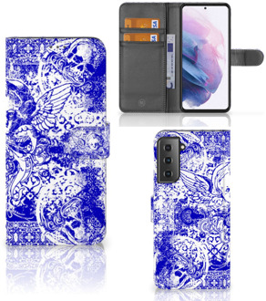 B2Ctelecom Book Style Case Samsung Galaxy S21 Plus Smartphone Hoesje Angel Skull Blue