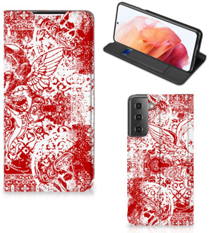 B2Ctelecom Book Style Case Samsung Galaxy S21 Smart Cover Angel Skull Red