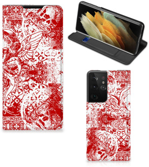 B2Ctelecom Book Style Case Samsung Galaxy S21 Ultra Smart Cover Angel Skull Red