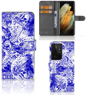 B2Ctelecom Book Style Case Samsung Galaxy S21 Ultra Smartphone Hoesje Angel Skull Blue