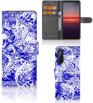 B2Ctelecom Book Style Case Sony Xperia 5II Smartphone Hoesje Angel Skull Blue