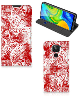 B2Ctelecom Book Style Case Xiaomi Redmi Note 9 Smart Cover Angel Skull Red