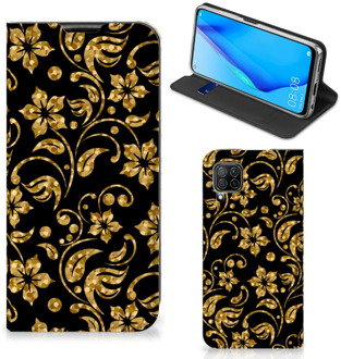 B2Ctelecom Bookcase Cadeau voor Oma Huawei P40 Lite Telefoonhoesje Gouden Bloemen