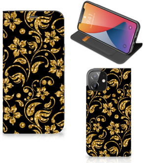 B2Ctelecom Bookcase Cadeau voor Oma iPhone 12 | iPhone 12 Pro Telefoonhoesje Gouden Bloemen