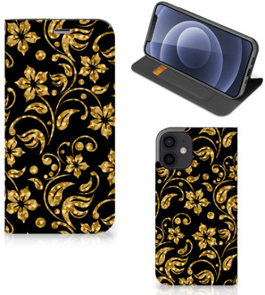 B2Ctelecom Bookcase Cadeau voor Oma iPhone 12 Mini Telefoonhoesje Gouden Bloemen