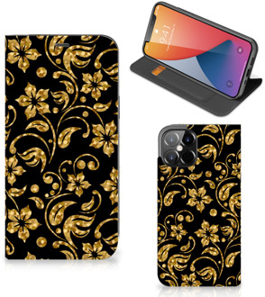 B2Ctelecom Bookcase Cadeau voor Oma iPhone 12 Pro Max Telefoonhoesje Gouden Bloemen