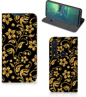 B2Ctelecom Bookcase Cadeau voor Oma Motorola G8 Plus Telefoonhoesje Gouden Bloemen