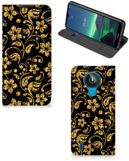 B2Ctelecom Bookcase Cadeau voor Oma Nokia 1.4 Telefoonhoesje Gouden Bloemen