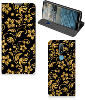 B2Ctelecom Bookcase Cadeau voor Oma Nokia 2.4 Telefoonhoesje Gouden Bloemen