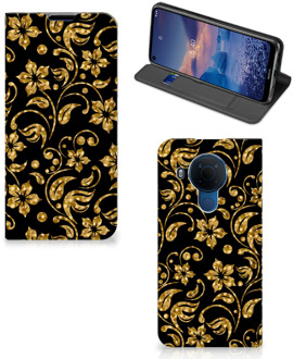 B2Ctelecom Bookcase Cadeau voor Oma Nokia 5.4 Telefoonhoesje Gouden Bloemen