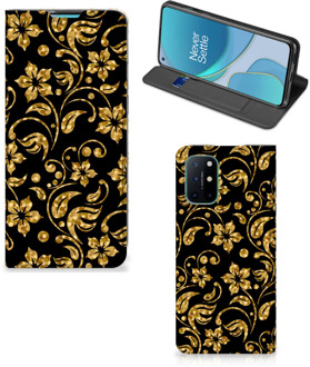 B2Ctelecom Bookcase Cadeau voor Oma OnePlus 8T Telefoonhoesje Gouden Bloemen