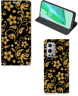 B2Ctelecom Bookcase Cadeau voor Oma OnePlus 9 Pro Telefoonhoesje Gouden Bloemen