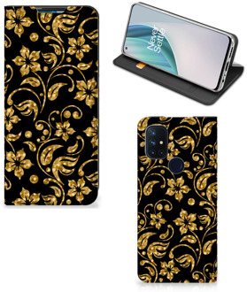 B2Ctelecom Bookcase Cadeau voor Oma OnePlus Nord N10 5G Telefoonhoesje Gouden Bloemen