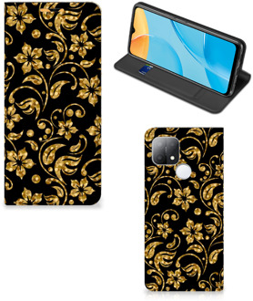 B2Ctelecom Bookcase Cadeau voor Oma OPPO A15 Telefoonhoesje Gouden Bloemen