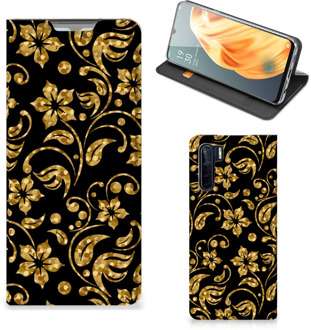 B2Ctelecom Bookcase Cadeau voor Oma OPPO Reno3 | A91 Telefoonhoesje Gouden Bloemen