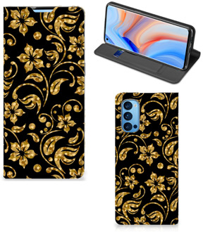 B2Ctelecom Bookcase Cadeau voor Oma OPPO Reno4 Pro 5G Telefoonhoesje Gouden Bloemen