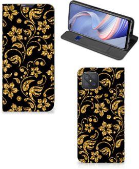 B2Ctelecom Bookcase Cadeau voor Oma OPPO Reno4 Z 5G Telefoonhoesje Gouden Bloemen