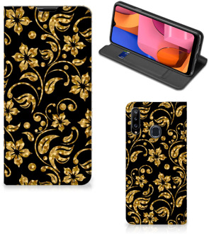 B2Ctelecom Bookcase Cadeau voor Oma Samsung Galaxy A20s Telefoonhoesje Gouden Bloemen