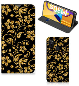 B2Ctelecom Bookcase Cadeau voor Oma Samsung Galaxy M21 Telefoonhoesje Gouden Bloemen