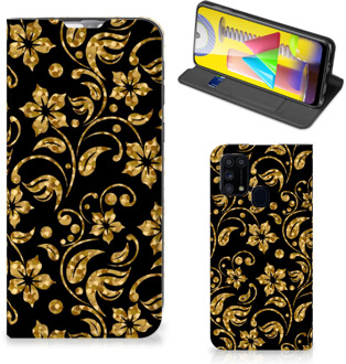 B2Ctelecom Bookcase Cadeau voor Oma Samsung Galaxy M31 Telefoonhoesje Gouden Bloemen