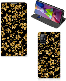 B2Ctelecom Bookcase Cadeau voor Oma Samsung Galaxy M51 Telefoonhoesje Gouden Bloemen