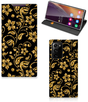 B2Ctelecom Bookcase Cadeau voor Oma Samsung Galaxy Note 20 Ultra Telefoonhoesje Gouden Bloemen