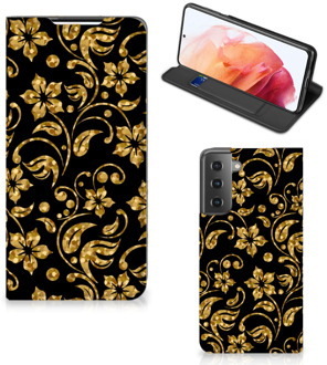 B2Ctelecom Bookcase Cadeau voor Oma Samsung Galaxy S21 Telefoonhoesje Gouden Bloemen