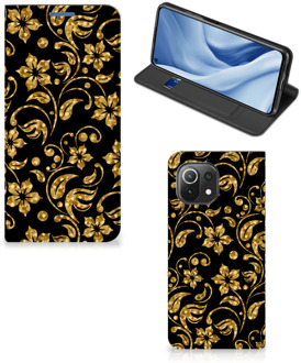 B2Ctelecom Bookcase Cadeau voor Oma Xiaomi Mi 11 Lite Telefoonhoesje Gouden Bloemen