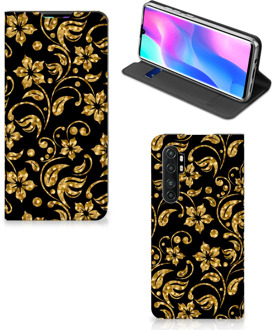 B2Ctelecom Bookcase Cadeau voor Oma Xiaomi Mi Note 10 Lite Telefoonhoesje Gouden Bloemen