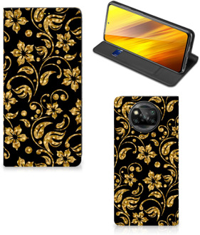 B2Ctelecom Bookcase Cadeau voor Oma Xiaomi Poco X3 Telefoonhoesje Gouden Bloemen