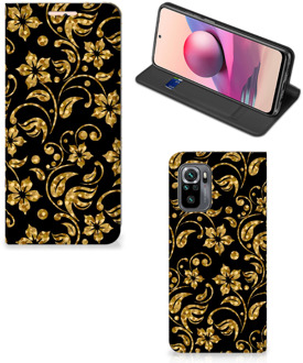 B2Ctelecom Bookcase Cadeau voor Oma Xiaomi Redmi Note 10 4G | 10S Telefoonhoesje Gouden Bloemen