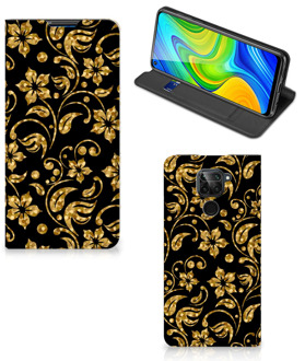 B2Ctelecom Bookcase Cadeau voor Oma Xiaomi Redmi Note 9 Telefoonhoesje Gouden Bloemen