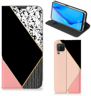 B2Ctelecom Bookcase Hoesje Huawei P40 Lite Smart Cover Black Pink Shapes