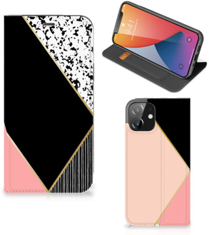 B2Ctelecom Bookcase Hoesje iPhone 12 | iPhone 12 Pro Smart Cover Black Pink Shapes