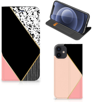 B2Ctelecom Bookcase Hoesje iPhone 12 Mini Smart Cover Black Pink Shapes