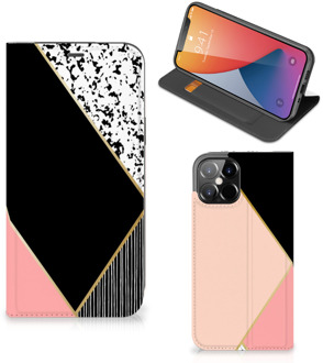 B2Ctelecom Bookcase Hoesje iPhone 12 Pro Max Smart Cover Black Pink Shapes