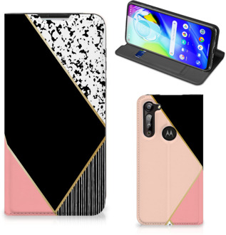 B2Ctelecom Bookcase Hoesje Motorola Moto G8 Power Smart Cover Black Pink Shapes