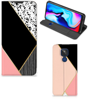 B2Ctelecom Bookcase Hoesje Motorola Moto G9 Play Smart Cover Black Pink Shapes