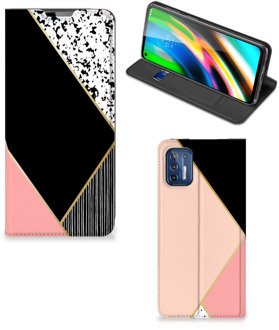 B2Ctelecom Bookcase Hoesje Motorola Moto G9 Plus Smart Cover Black Pink Shapes