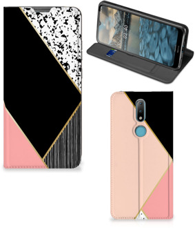 B2Ctelecom Bookcase Hoesje Nokia 2.4 Smart Cover Black Pink Shapes