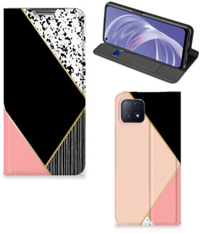 B2Ctelecom Bookcase Hoesje OPPO A73 5G Smart Cover Black Pink Shapes