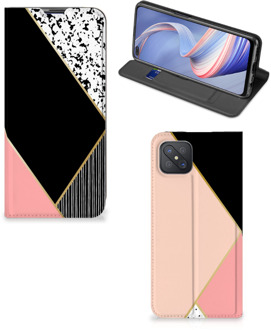 B2Ctelecom Bookcase Hoesje OPPO Reno4 Z 5G Smart Cover Black Pink Shapes
