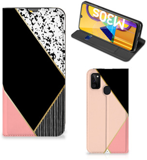 B2Ctelecom Bookcase Hoesje Samsung Galaxy M21 Smart Cover Black Pink Shapes