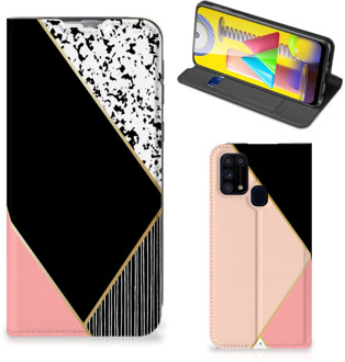 B2Ctelecom Bookcase Hoesje Samsung Galaxy M31 Smart Cover Black Pink Shapes