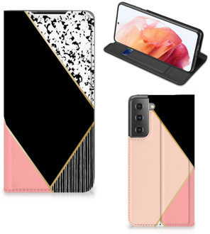 B2Ctelecom Bookcase Hoesje Samsung Galaxy S21 Smart Cover Black Pink Shapes