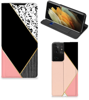 B2Ctelecom Bookcase Hoesje Samsung Galaxy S21 Ultra Smart Cover Black Pink Shapes