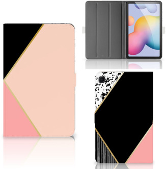 B2Ctelecom Bookcase Hoesje Samsung Galaxy Tab S6 Lite Tablet Hoes met Magneetsluiting Customize Black Pink Shapes