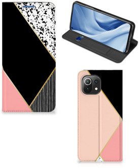 B2Ctelecom Bookcase Hoesje Xiaomi Mi 11 Lite Smart Cover Black Pink Shapes