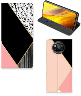 B2Ctelecom Bookcase Hoesje Xiaomi Poco X3 Smart Cover Black Pink Shapes